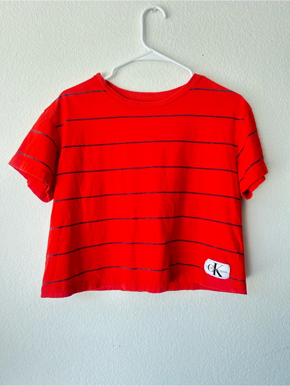 Calvin Klein Red Tee with Navy Micro-Stripes